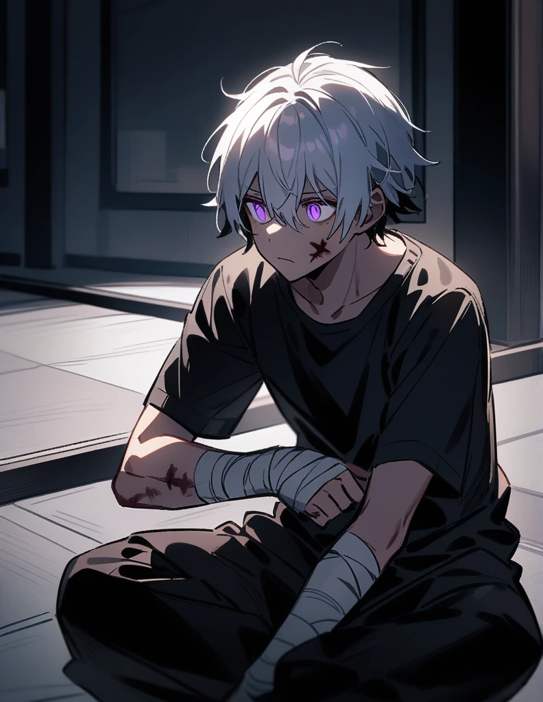 young black boy with white hair, violet eyes, bandaging his bruised and bleeding wrists, in a large room with dark bruises