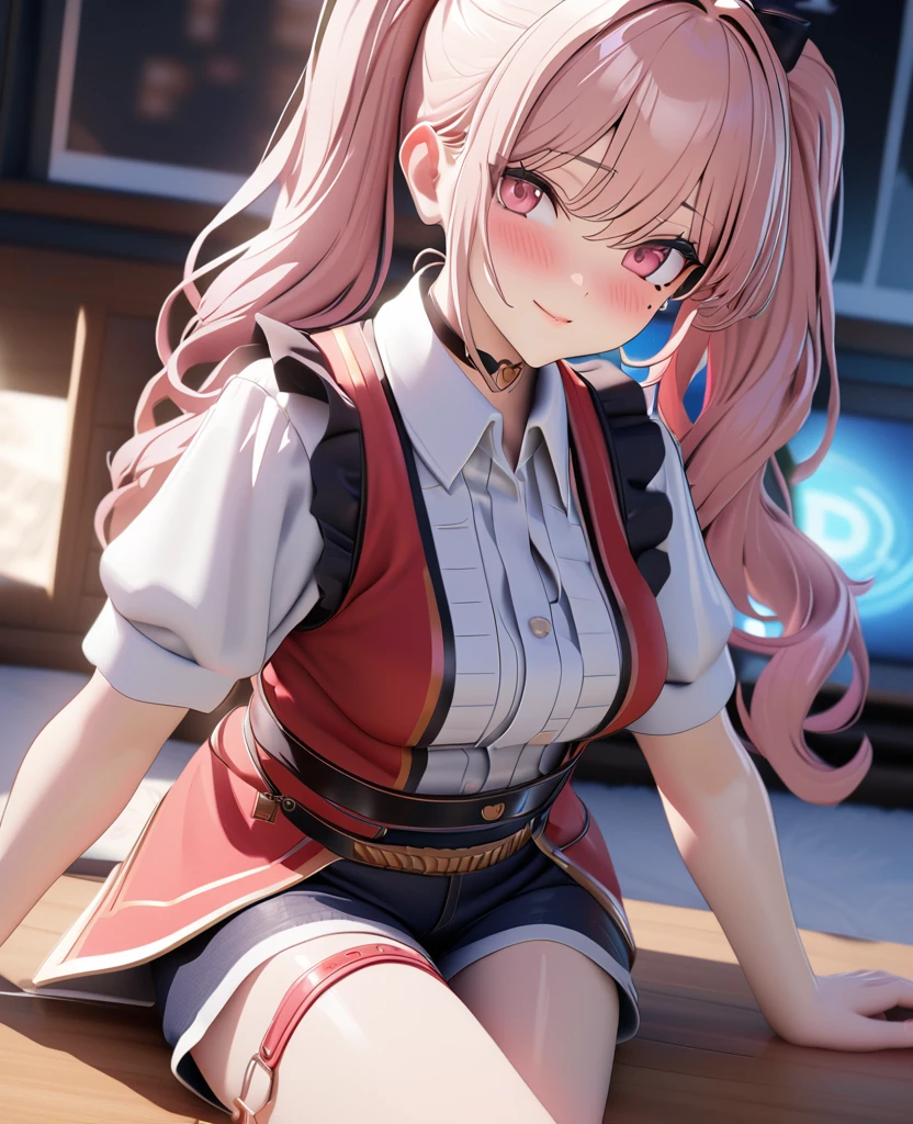 masterpiece, best quality, highly detailed, high resolution, expensive resolution, high resolution, 4K, 8k, uniform 8k wallpaper, highly detailed CG, masterpiece, 2D, 3D, beautiful details, depth, fine texture, best quality: 1.3, perfectly focused, crispy. skin, him, cute anime 20s girl, her name is Mei, idol, expensive brown short twin tails, mole under eye, looking at the viewer, cowboy shorts, expensive, blush, mole, plump lips, heart, pink eyes, heart shaped choker