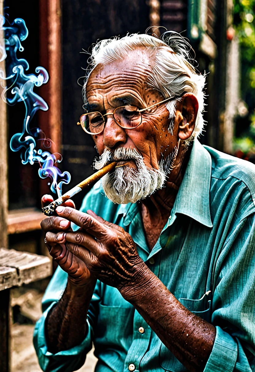Pictures of an old man smoking