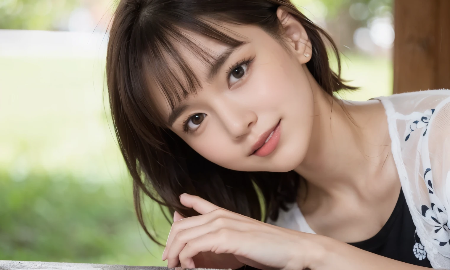 (Highest quality,masterpiece:1.3,Ultra-high resolution),(Very detailed,Caustics,8K),(Realistic:1.4,RAW shooting),25years old,,(I'm looking at the camera with a smile on my face)Hair、Soft sunlight,Natural light、Solo Snap、short hair、Brown Hair、yukata、firework