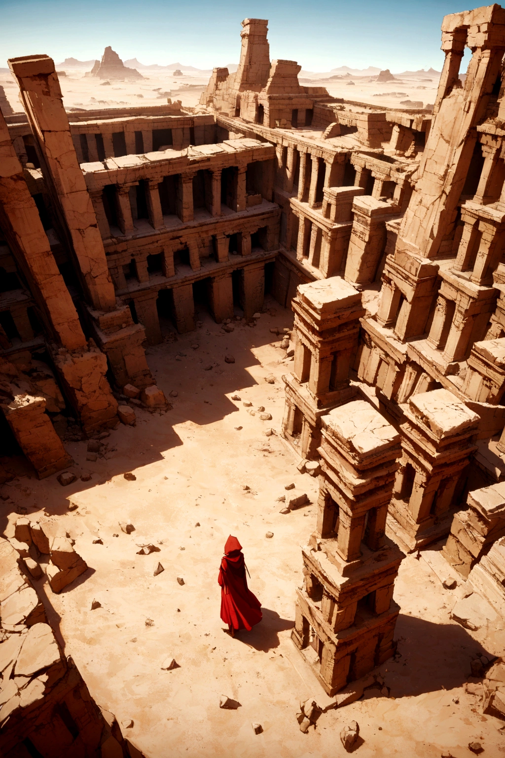 In a world after civilization has collapsed, A row of weathered ruins, Ruins of a submerged temple,Standing there,Red long dress, Red Hood, long red scarf, A lot of red clothes are flying in the air, desert sand, high quality, 8K