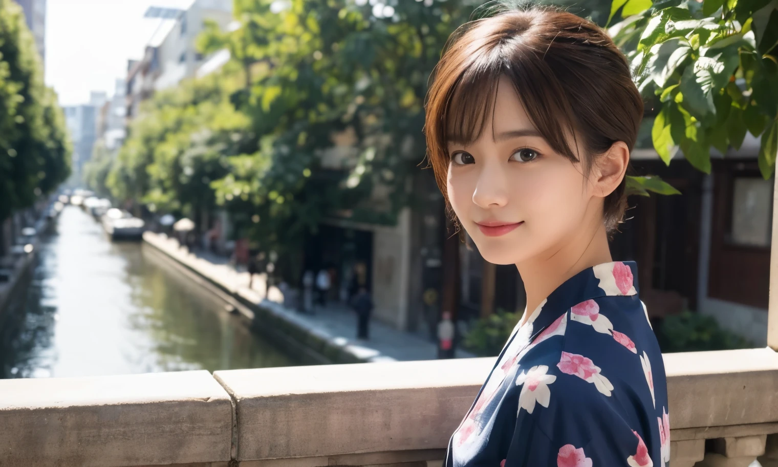 (Highest quality,masterpiece:1.3,Ultra-high resolution),(Very detailed,Caustics,8K),(Realistic:1.4,RAW shooting),25years old,,(I'm looking at the camera with a smile on my face)Hair、Soft sunlight,Natural light、Solo Snap、short hair、Street Snap、Brown Hair、yukata