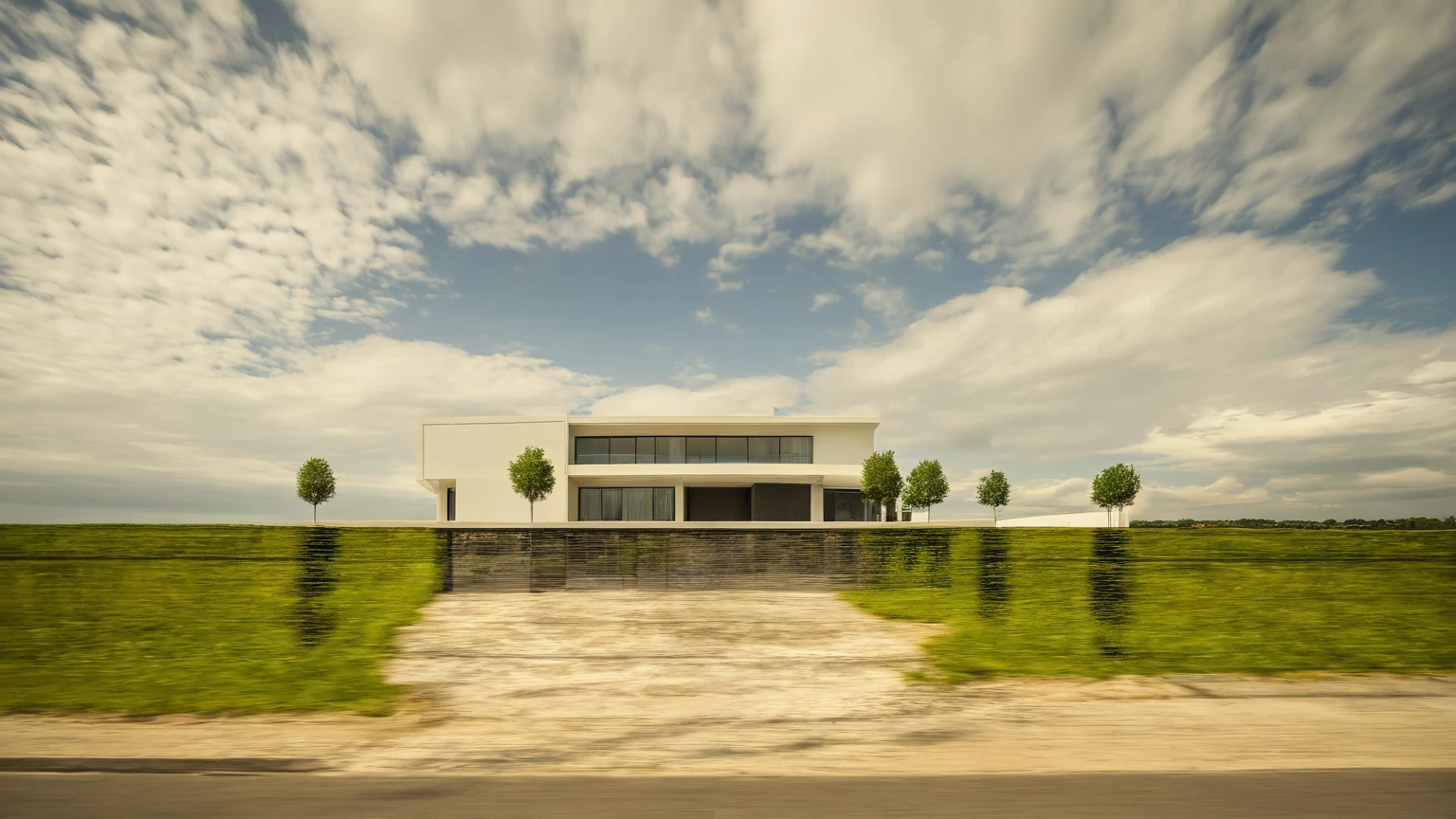 Raw photo,Masterpiece, high quality, best quality, authentic, super detail,
outdoors, house style modern,bietthuhn, white wall, glass windows, gate
road,pavement, grass, trees, sky, cloud, (day:1.1),