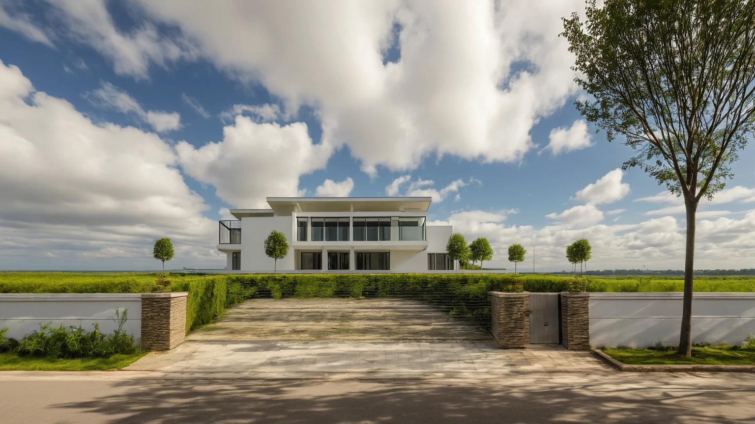 Raw photo,Masterpiece, high quality, best quality, authentic, super detail,
outdoors, house style modern,bietthuhn, white wall, glass windows, gate
road,pavement, grass, trees, sky, cloud, (day:1.1),