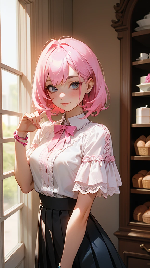 A woman with pink tousled hair, wearing a white lace blouse with short sleeves and black pleated skirt, posing in front of a window with a display of baked goods behind her. Her look is relaxed yet stylish, with a layered bracelet on her wrist.