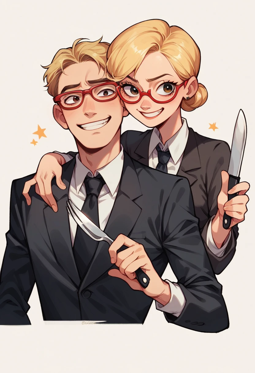 (avatar blonde woman smiling), (only the bust), (Black Suit), (Red glasses), (fork in one hand and knife in the other hand), (Pixar-style image).