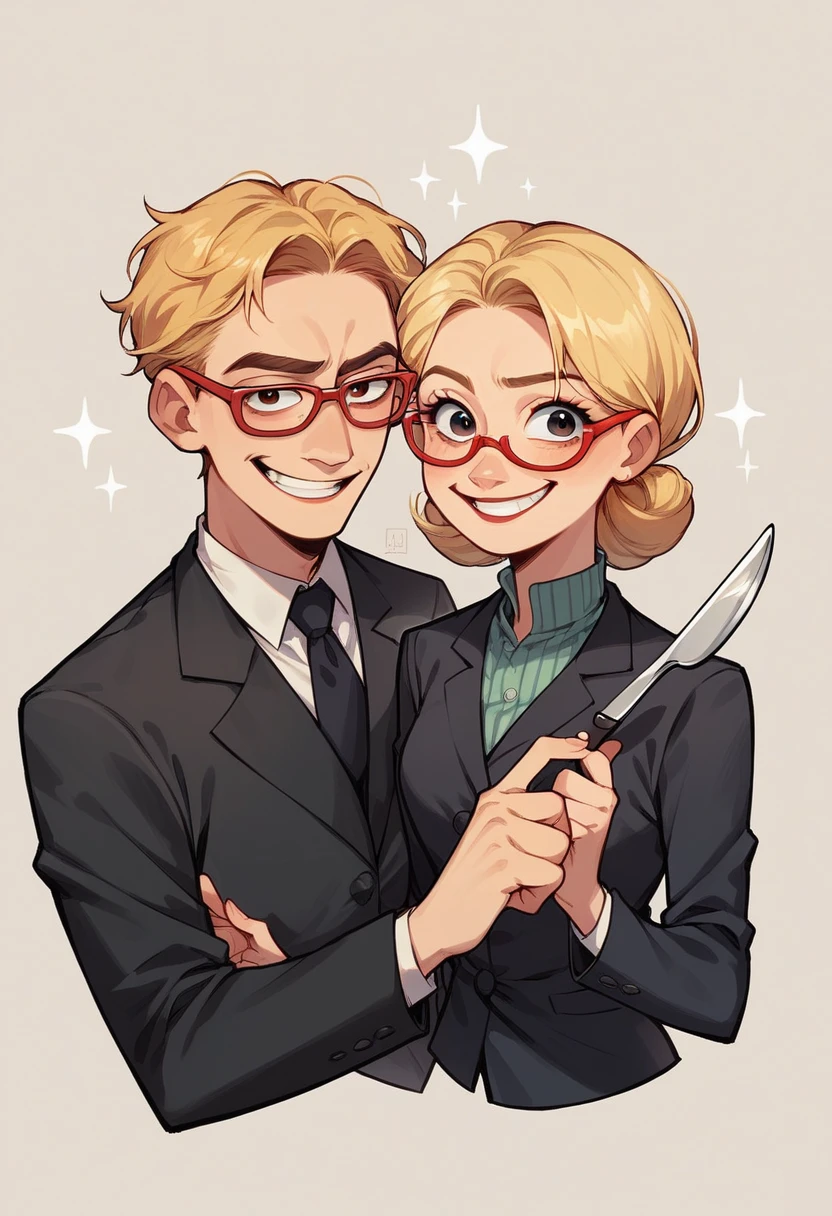 (avatar blonde woman smiling), (only the bust), (Black Suit), (Red glasses), (fork in one hand and knife in the other hand), (Pixar-style image).