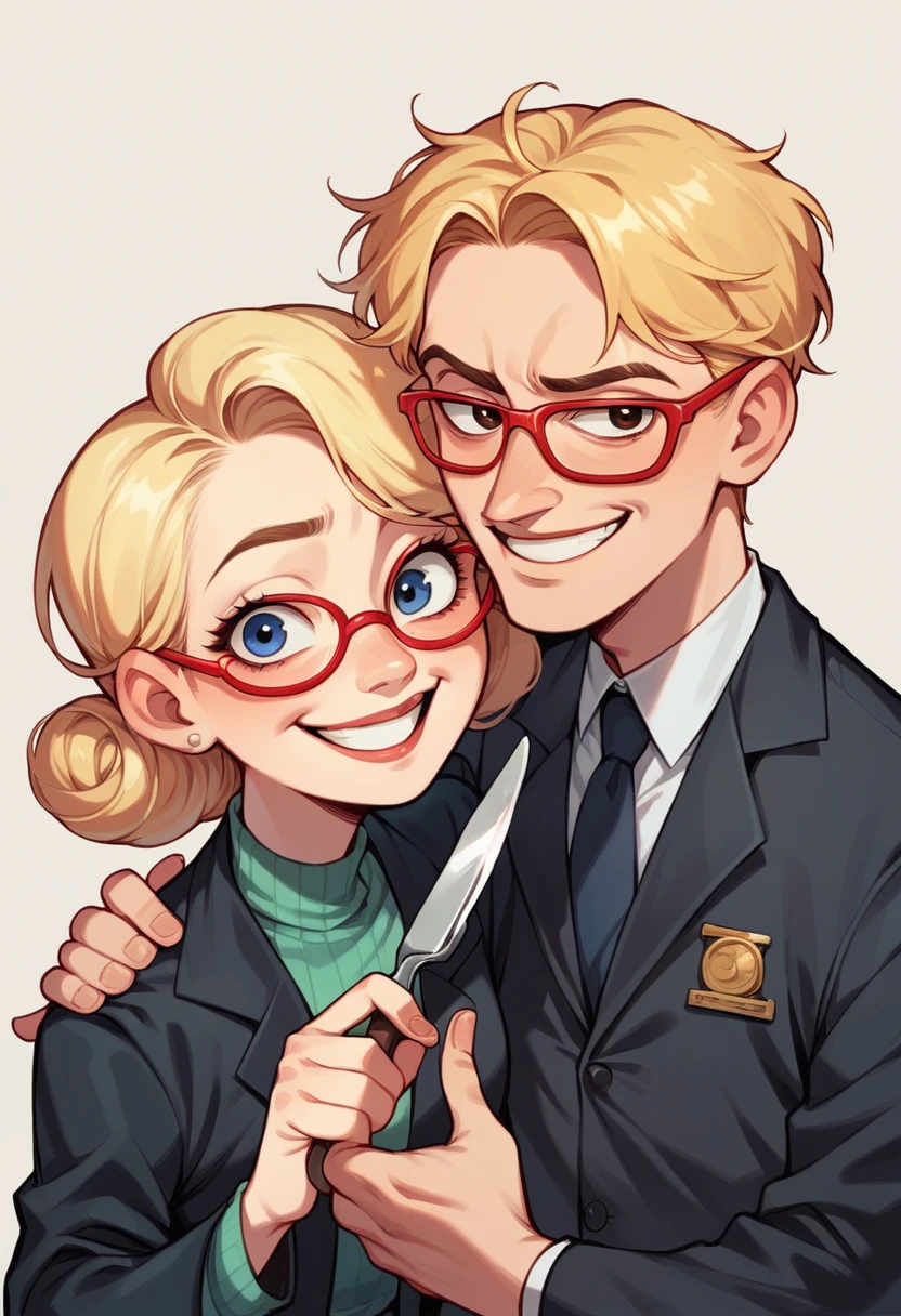 (avatar blonde woman smiling), (only the bust), (Black Suit), (Red glasses), (fork in one hand and knife in the other hand), (Pixar-style image).