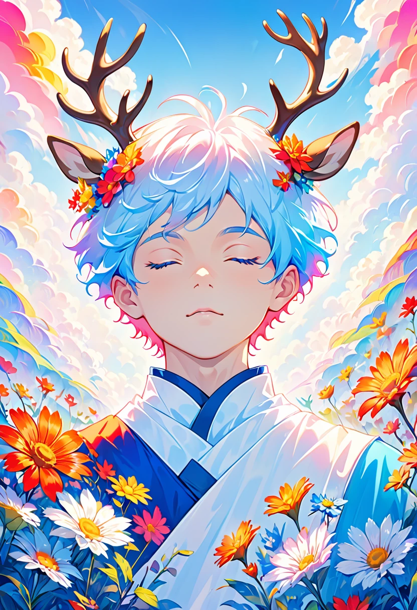 (psychedelic art:1.5), (view from below:1.2),boy，personification，big color block，white，blue, Upper body, eyes closed,deer ,There are flowers,