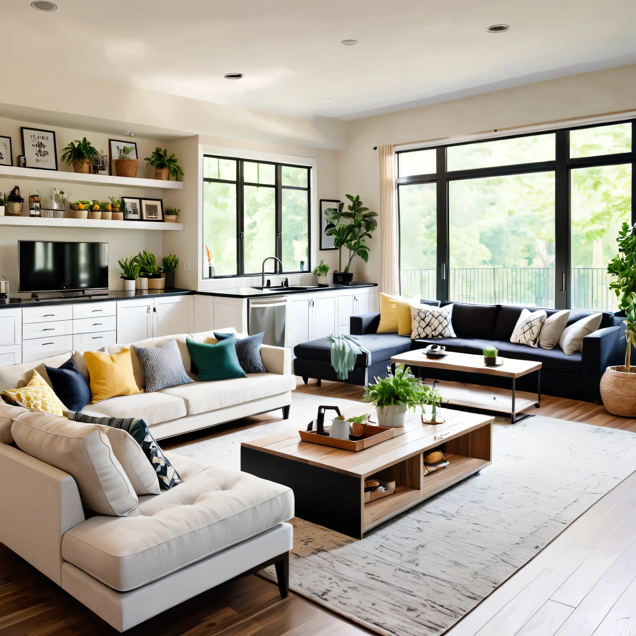 A bright and cozy open-plan living space featuring a modern kitchen and a comfortable living room. The kitchen area has white cabinets, a black countertop, and bar stools for seating. The living room includes a sofa, a coffee table, and a TV, with plenty of plants and decorative elements adding a touch of nature and warmth. The space is well-lit with natural light coming through the windows, creating a welcoming and homey atmosphere.
