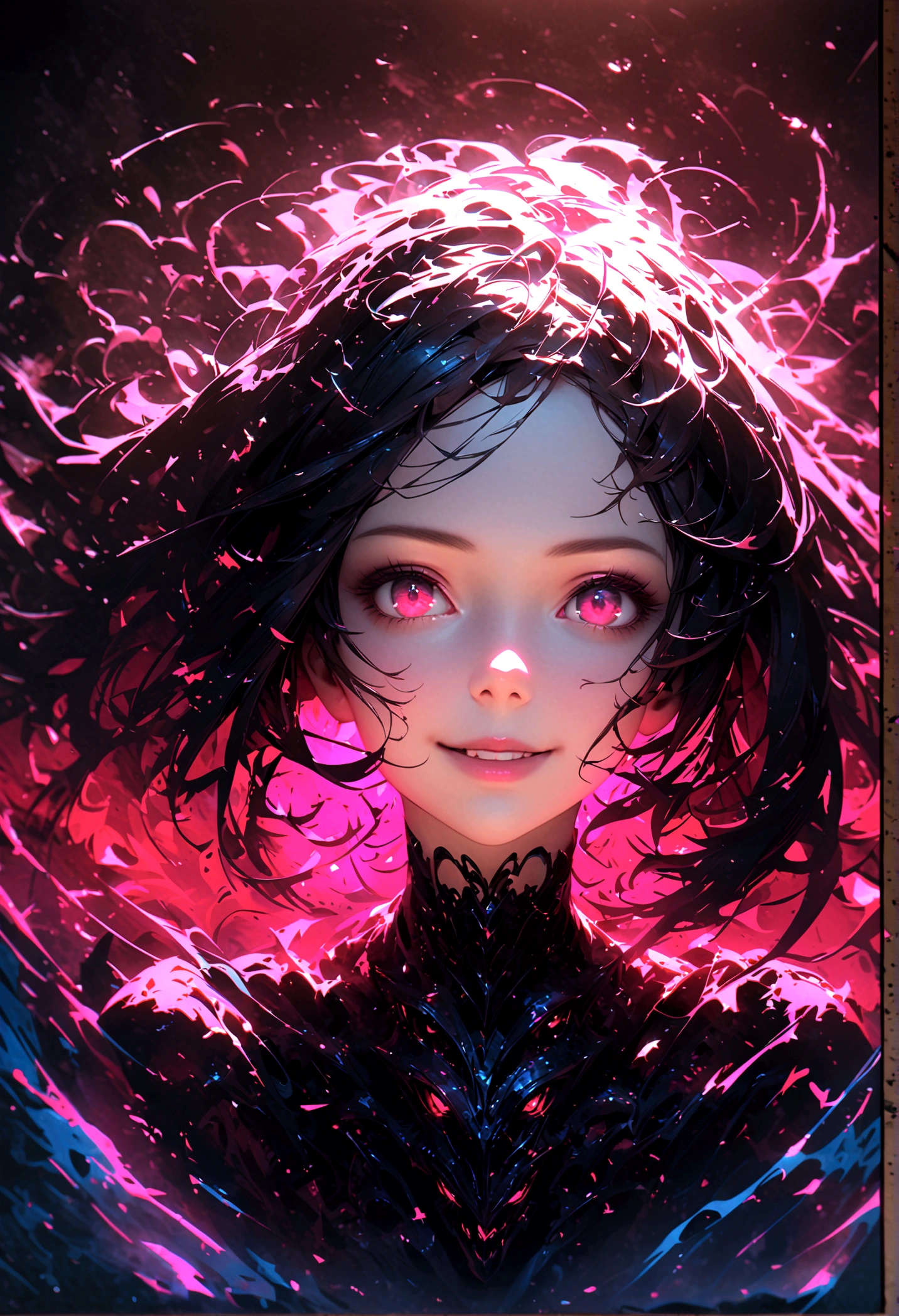 a portrait of a monster girl with a wide, sly smile with all of her pitch-black eyes facing upwards, scary , ultra wide-angle, Grainy , mysterious color , infrared lighting . Super detailed, photorealistic, splattered, spattered , cinematic light , black background , Cycles render, intricate artwork masterpiece , dreamy, glowing, backlit, glamour, vibrant, ultra high quality model, 4K
