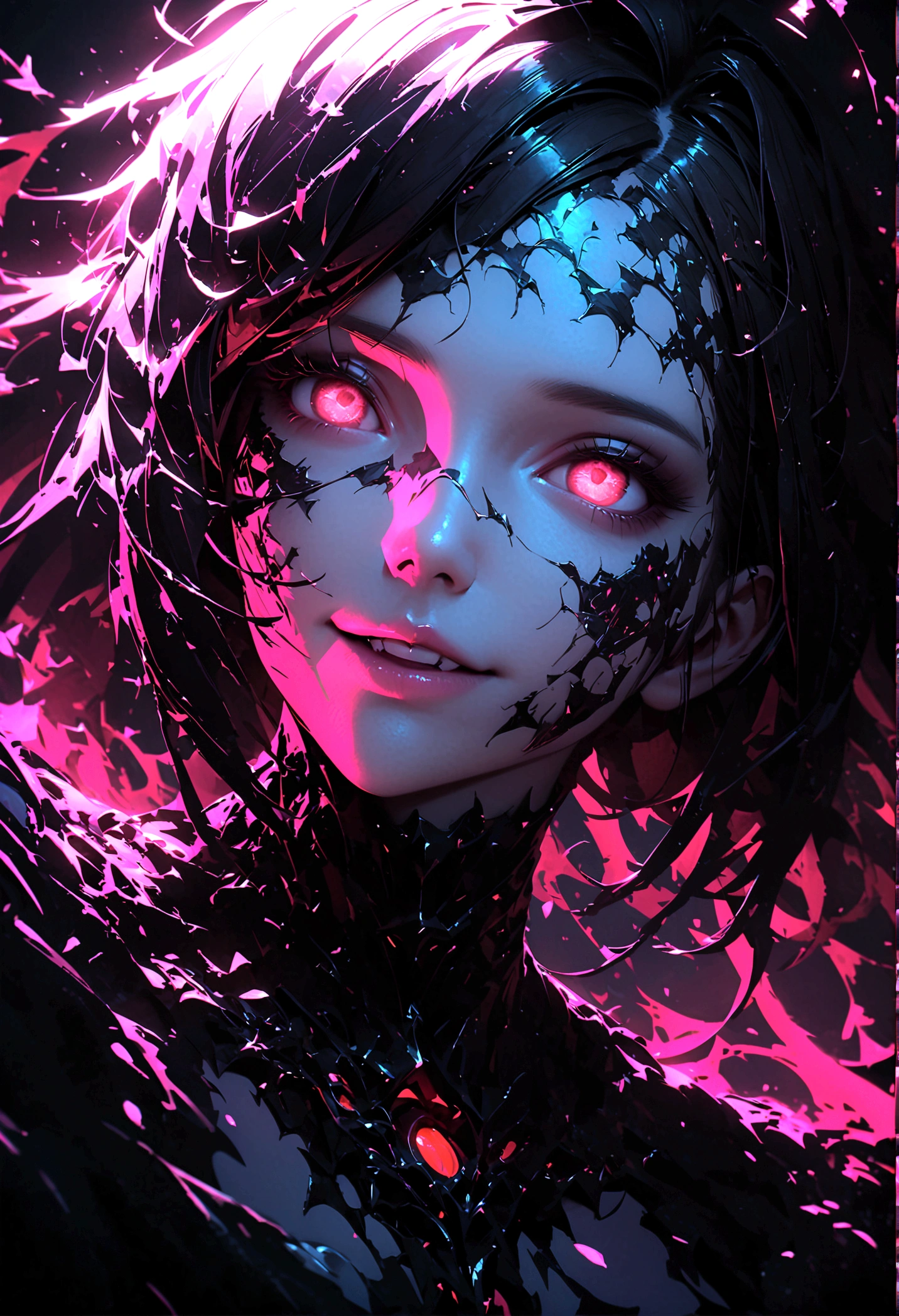 a portrait of a monster girl with a wide, sly smile with all of her pitch-black eyes facing upwards, scary , ultra wide-angle, Grainy , mysterious color , infrared lighting . Super detailed, photorealistic, splattered, spattered , cinematic light , black background , Cycles render, intricate artwork masterpiece , dreamy, glowing, backlit, glamour, vibrant, ultra high quality model, 4K