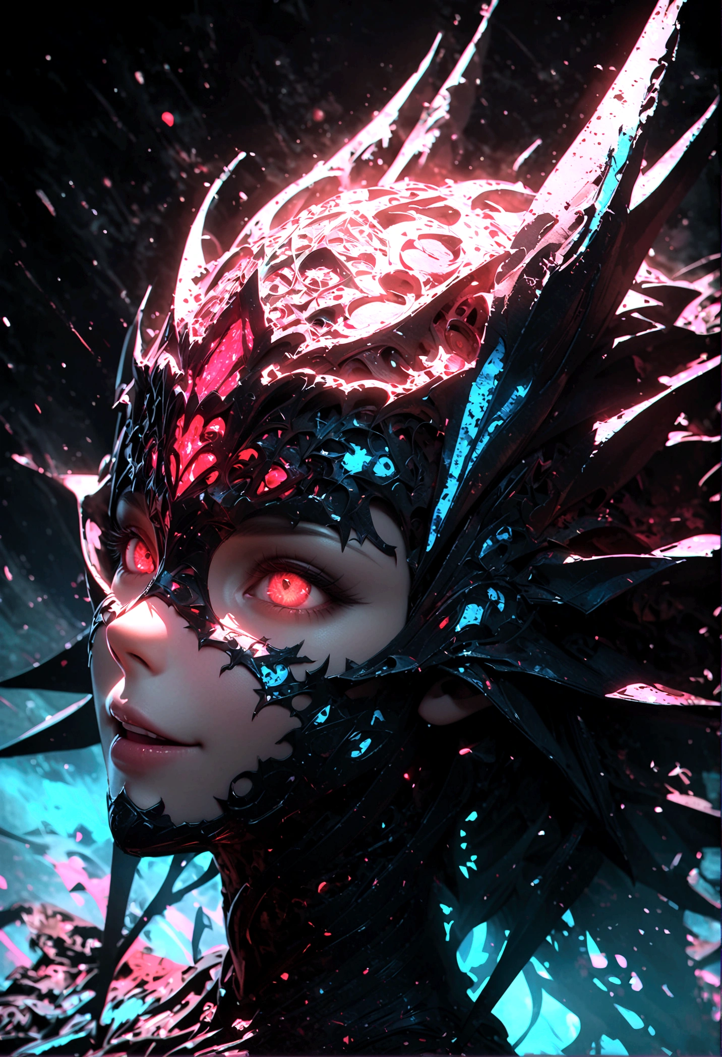 a portrait of a monster girl with a wide, sly smile with all of her pitch-black eyes facing upwards, scary , ultra wide-angle, Grainy , mysterious color , infrared lighting . Super detailed, photorealistic, splattered, spattered , cinematic light , black background , Cycles render, intricate artwork masterpiece , dreamy, glowing, backlit, glamour, vibrant, ultra high quality model, 4K
