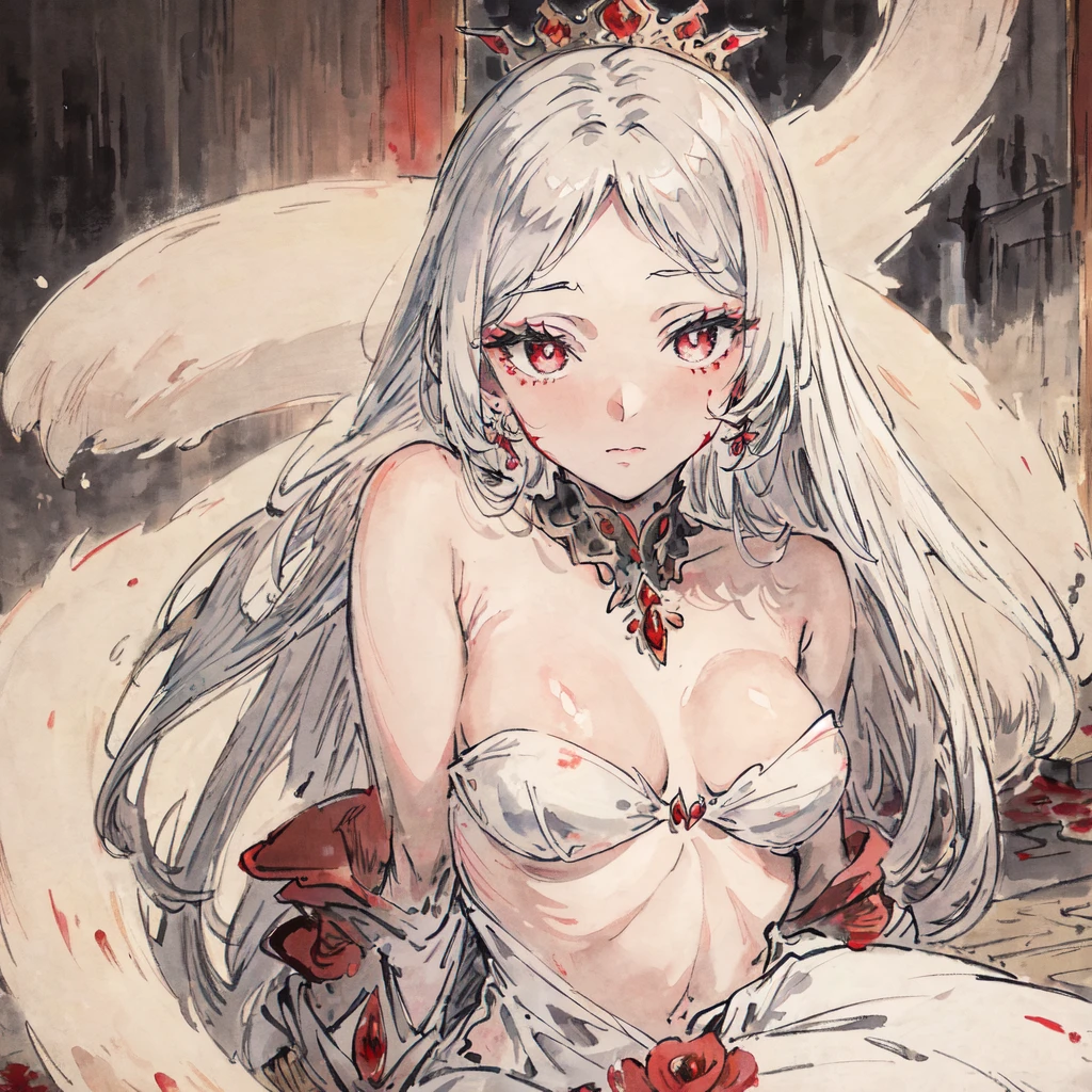 masterpiece, best quality, an extremely delicate and beautiful girl,an extremely delicate and beautiful, world masterpiece theater, ultra-detailed, highly detailed, best quality, white hair, highres, extremely detailed, 1 girl, best quality, illustration, looking at viewer, impasto, canvas, oil painting, realistic, realist ,real, Crimson eyes, with a swastika mark in the pupil, Close-up of a young woman sitting on a stone throne surrounded by a blood-red mist, Queen of human, human queen, Anime Girl, Goddess of the world, 144cm tall and holds a golden scepter, Beautiful Queen, Queen of the world, wonder Girl, witch, Queen of Darkness, blood mist Goddess, Beautiful girl, hd image, Beautiful sparkling eyes, deep sea eyes, Goddess of Death | medieval, Blood mist, medieval, Ymir possesses an ethereal beauty, with her flowing white hair and captivating ruby eyes that sparkle like precious gemstones. Her frame exudes a delicate grace, reminiscent of a fairy from a timeless tale. Her porcelain skin, as smooth as a peach blossom, enhances her pure and innocent allure, evoking the image of pristine snowflakes, captivating and enchanting. Her beauty transcends her physical appearance, radiating a gentle warmth and kindness that touches the hearts of those around her, Wear discreet clothes, Cool, elegant, aristocratic, red poppy