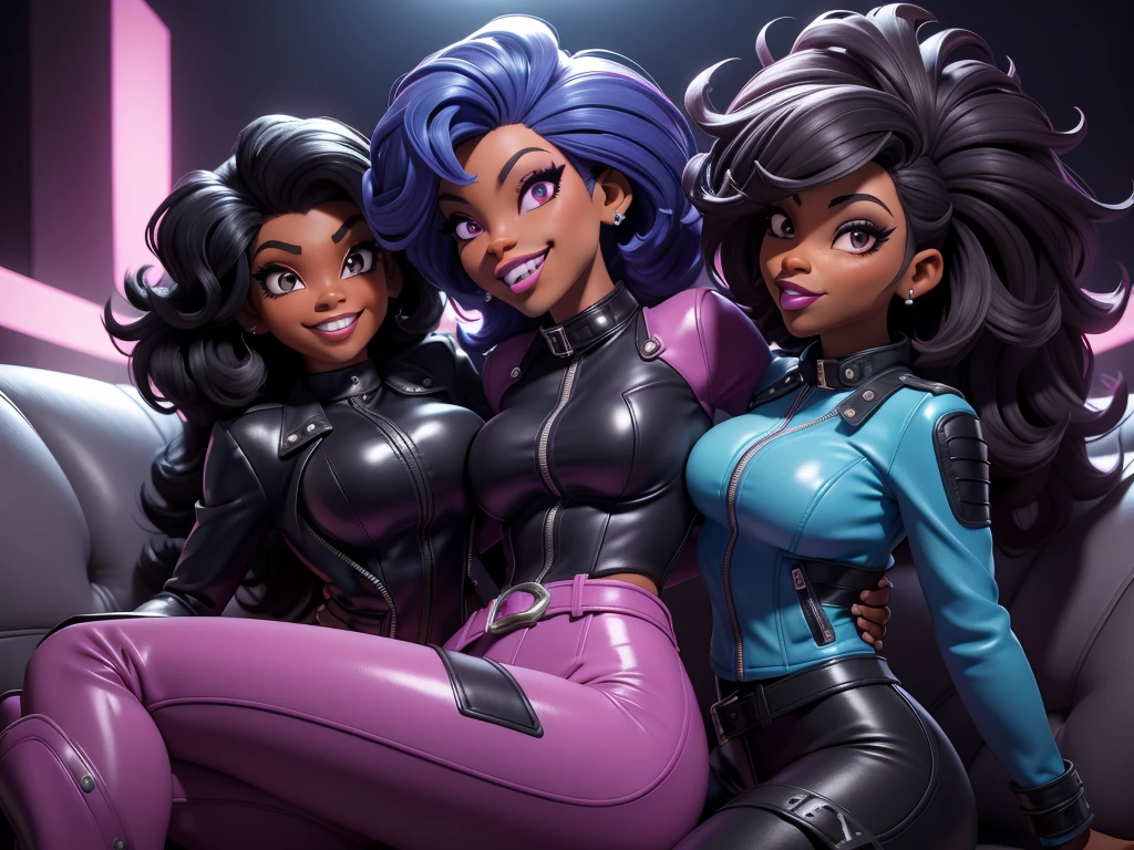 obra prima, melhor qualidade, ((harris faulkner, dark skin, bushy black afro style hair,)) head back, sassy wicked, open mouth, ((big teeth smile, shiny periwinkle lipstick,)) thick smoky black eye shadow, long fake eyelashes, sultry eyes, (cerulean blue leather jacket with bob shoulder,) biker jacket has stiff collar, leather blouse, magenta pvc skinny pants, studs zippers snaps, shiny leather gloves, nip slip, body is skinny, laying down hugging each other on sofa, shiny tight buttocks, arched back, mashing breasts, ((passionate kissing,)) camera view of whole body, looking up at me, shallow depth of field, highres, HD, 8k, anatomically correct