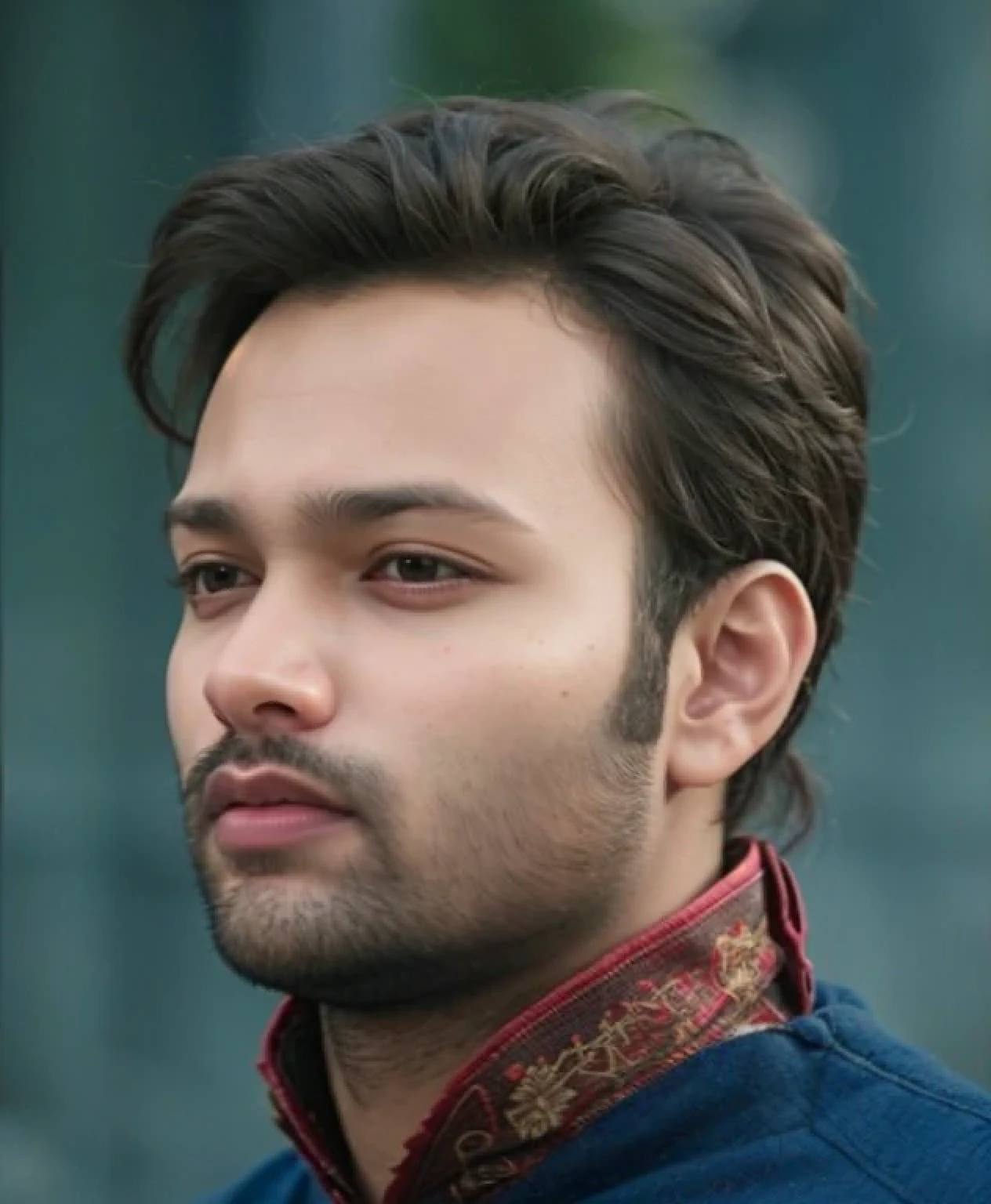 A beautiful young bearded man with highly detailed skin.black hair.