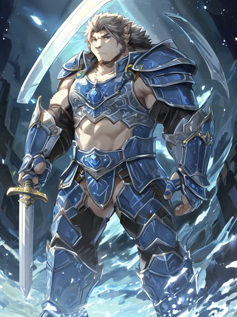 a furry sheep, white fur, shoulder long silky hair, (((handsome, slim fit, small face, ikemen))), paladin, ((white sheep), ((dark blue armor)), full body, tall, smooth hair, sword and shield,
