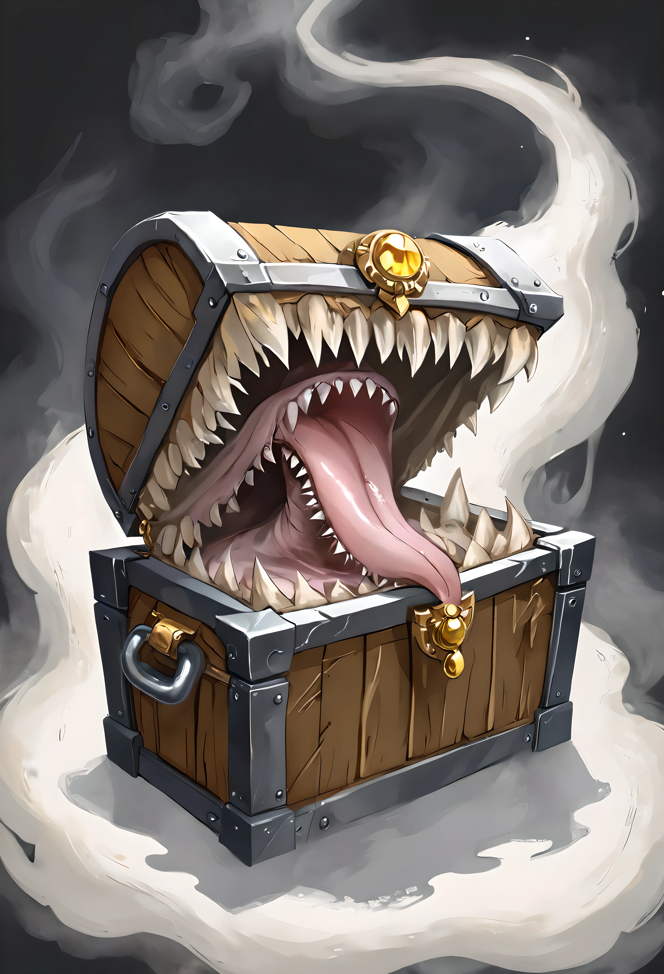 Mimic Treasure Chest, Upscale Treasure Box, detailed and realistic, Sharp teeth, Long Tongue, Wide open lid, Open the lid of the treasure chest, Fierce teeth and tongues visible in BREAK aesthetic decoration, Buried in gems, Sharp Fangs, luxury, upscale, Three-dimensional, Fascinating chiaroscuro, Transparent reflection, BREAK gem, precious metals, Artwork, All first-class, BREAK Absurd Trap, Overflowing with curiosity, Strong vigilance, BREAK Dramatic Cinematic Lighting, A bold and powerful composition, BREAK Dynamic opening lid, Motion Blur, Techniques to captivate your audience, Exquisite and delicate brushwork, Best upscale photo printing, BREAK (Dynamic shot:1.4, from above:1.3), Slow shutter speed, BREAK Treasure bursts forth, gem, precious metals, Artwork, aesthetic, Fantastic Fog, Cryptic, BREAK Highest Quality, Highest quality, Highest Resolution, Sharp Fangs and Big Tongue, BREAK aesthetic, treasure, Mystery, The best work to amaze the audience, 