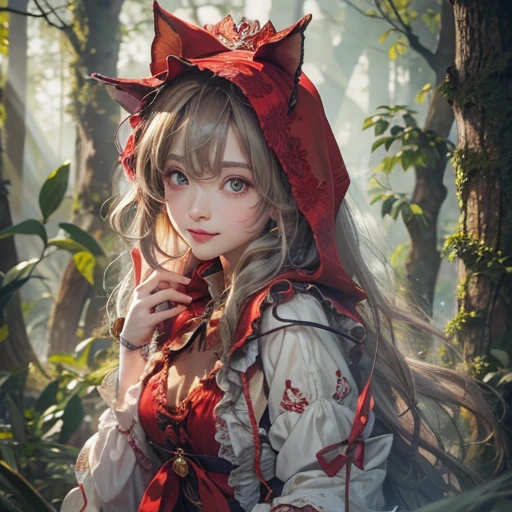 Standing in the forest、Hair flow、 ((Highest quality、masterpiece、8K、Best image quality、Ultra-high resolution、Award-winning works)、(Accurate anatomy:1.1)、(Look at me and smile:1.1)、Shining fair skin with Ultra-high resolution、The most detailed face、Ultra-high resolution detailed face、Ultra-high resolutionの髪の毛、(Ultra-high resolution eye:1.1)、Beautiful face drawn in every detail、little red riding hood Costumes , Chest to chest, Strange atmosphere, A real werewolf stares at her....., Dark Light, in the forest , Heavy makeup