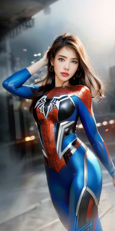 (1girl:1.3), solo, (((extremely detailed face))),(((extremely detailed eyes and face))),beautiful detailed eyes,body-parts__, official art, unified 8k wallpaper, super detailed, beautiful and aesthetic, beautiful, masterpiece, best quality, raw, masterpiece, super fine photo, best quality, super high resolution, photorealistic realism, sunlight, full body portrait, amazing beauty,, dynamic pose, delicate face, vibrant eyes, (from the front), she is wearing a Spider-man suit, red and black color scheme, spider, very detailed abandoned warehouse background, Detailed face, detailed complex busy background, messy, gorgeous, milky white, highly detailed skin, realistic skin details, visible pores, sharp focus, volumetric fog, 8k uhd, DSLR, high quality, film grain, fair skin, photo realism, lomography, huge metropolis in future dystopia, seen from below, translucent