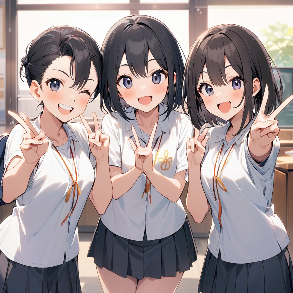 A confident smile, Making a peace sign,two students demonstrating a gesture commonly associated with a peace sign while speaking by tele食事, skirt, Black Hair, indoor, smartphone, shirt, ((((complete fiでe fingers))))