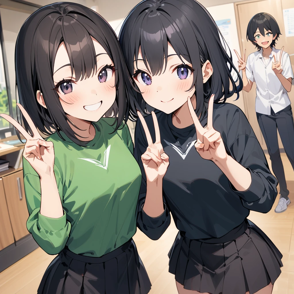 A confident smile, Making a peace sign,two students demonstrating a gesture commonly associated with a peace sign while speaking by tele食事, skirt, Black Hair, indoor, smartphone, shirt, ((((complete fiでe fingers))))