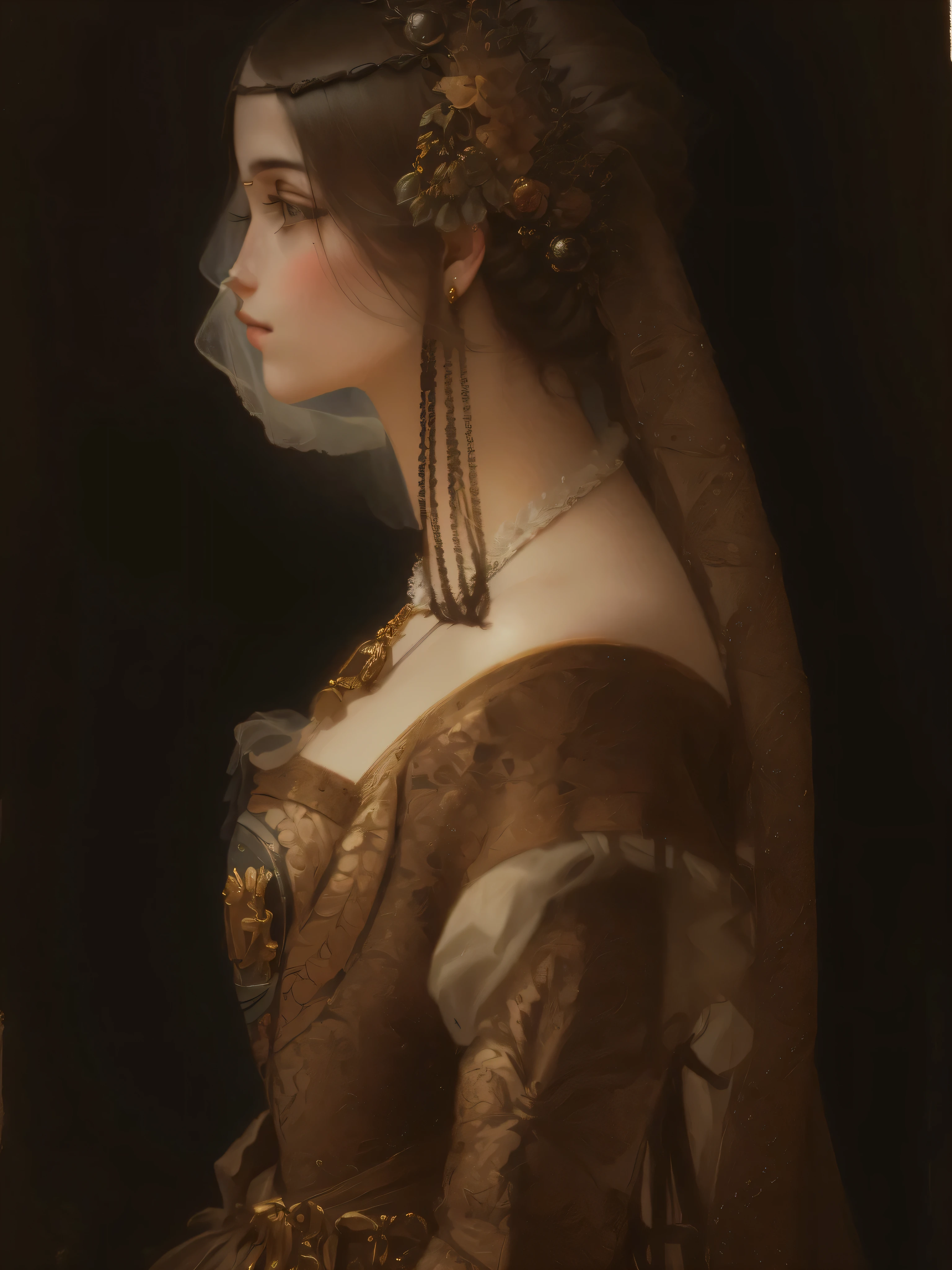 A painting of a woman in a brown dress with a tiara, Renaissance style, Renaissance style, European woman portrait, Renaissance portraits, Detailed portrait of a woman, Portrait of a Young Woman, By Domenico Quario the Younger, Renaissance style, female profile portrait, inspired By Domenico Quario the Younger, Oil painting