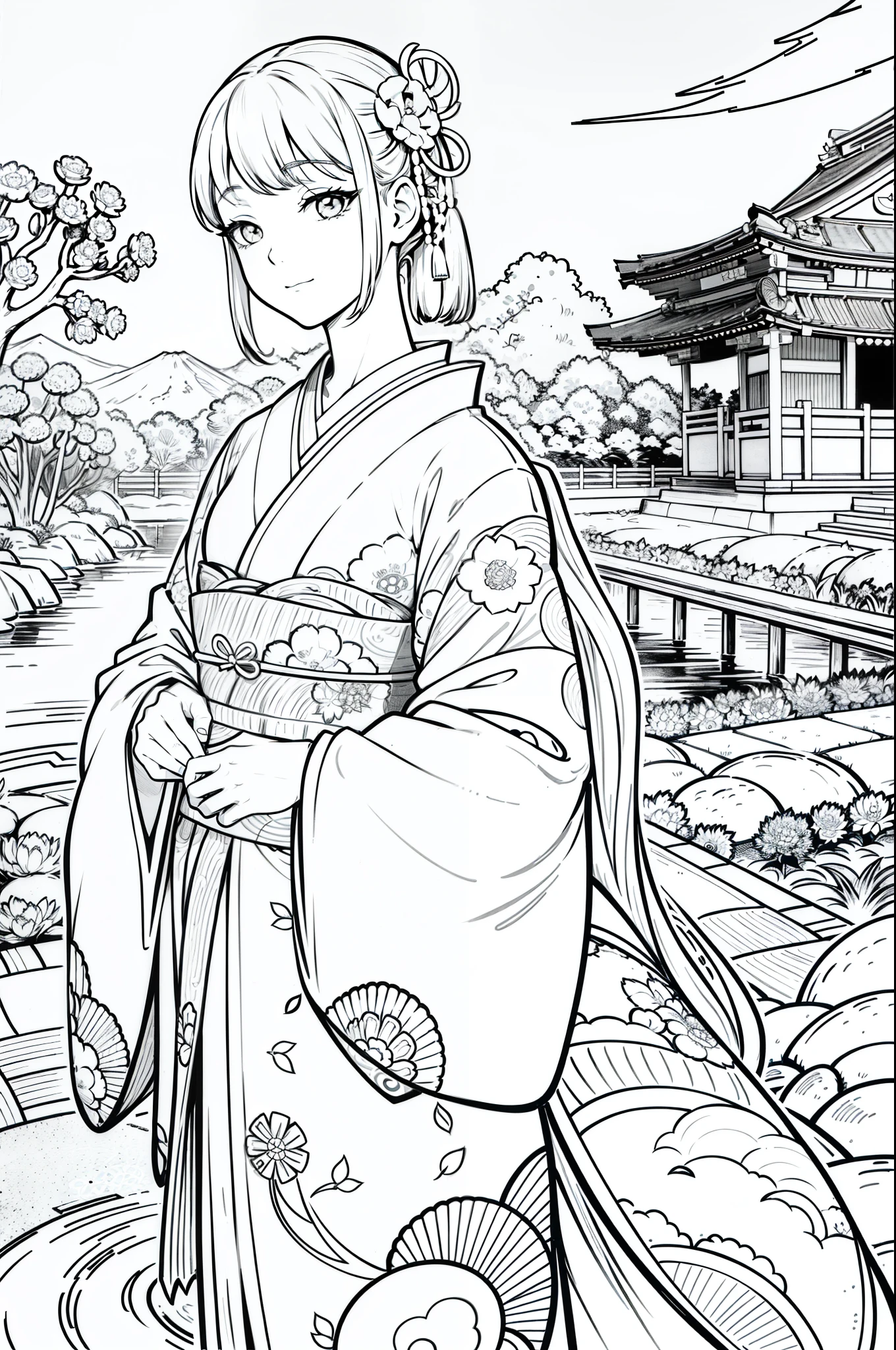 Obra maestra, superlativo, solamente, flower line drawing background, fondo blanco, monocromo, line drawing, ((bosquejo)), spooky, white eyes, please create a simple monochrome coloring book that even a can do, depicting a realistic and cute ukiyo-e illustration of a girl in a kimono, in various poses, with a Japanese garden in the background, that conveys Japanese culture, with a cunning and malevolent smirk.
