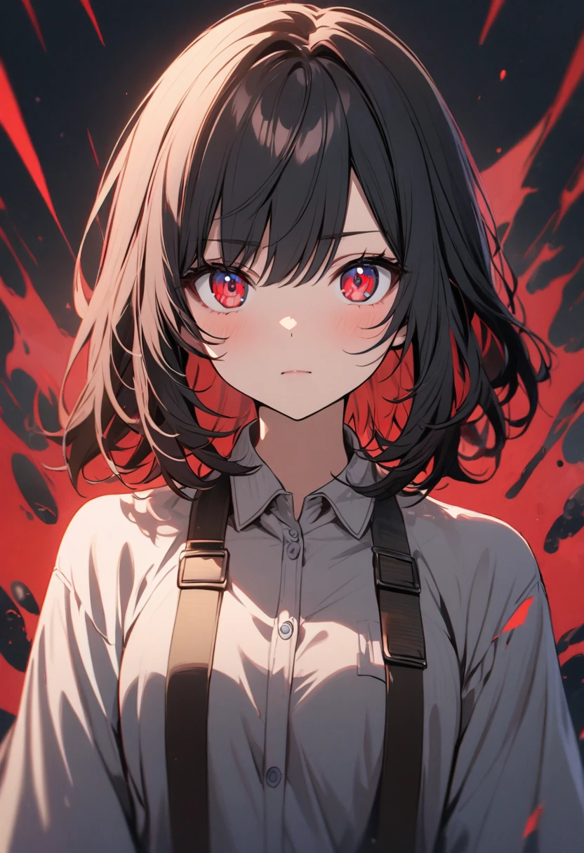 girl, black hair, medium hair, two colors eyes, one blue eyes, one red eyes