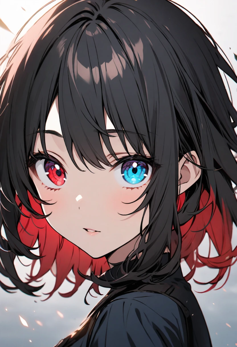 girl, black hair, medium hair, two colors eyes, one blue eyes, one red eyes