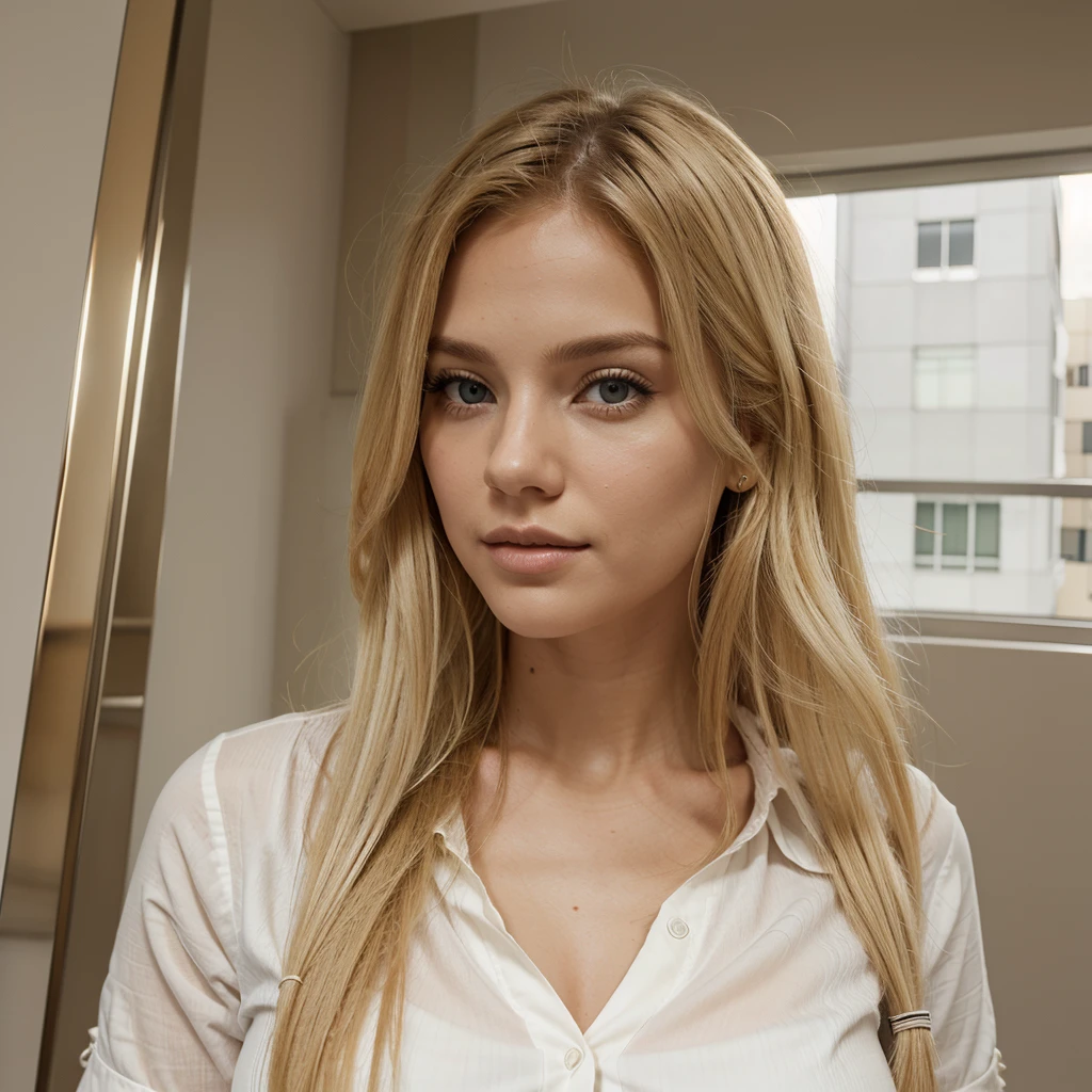en un edificio blonde woman con cabello largo y camisa blanca posando para una foto, ruby, belle blonde woman, photo d'a pretty woman, cabello ruby y liso, a beautiful blonde, blonde woman, cara sexy, incredible beauty, luscious mouth, beautiful blonde girl, the most beautiful woman in the world, incredible beauty, hermoso cabello ruby, beautiful female model, Una chica con cabello ruby, black bodycon dress, whole body, standing, city in the background