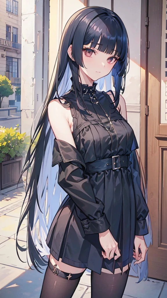 ((masterpiece、highest quality、Super detailed))、One girl、silcer deep gray Hair、long straight hair、straight haurcut、straight bangs、dusty red eyes、smug smile、((Grin))、medium breasts、((Black ruffled clothes))、Off the shoulder、Strapless、((Black Leather Jacket))、((Checkered Skirt))、edgpskirt、multiple chains、Fishnet tights、Cowboy Shot、balcony and night beautiful cozy street full of cafeterias
