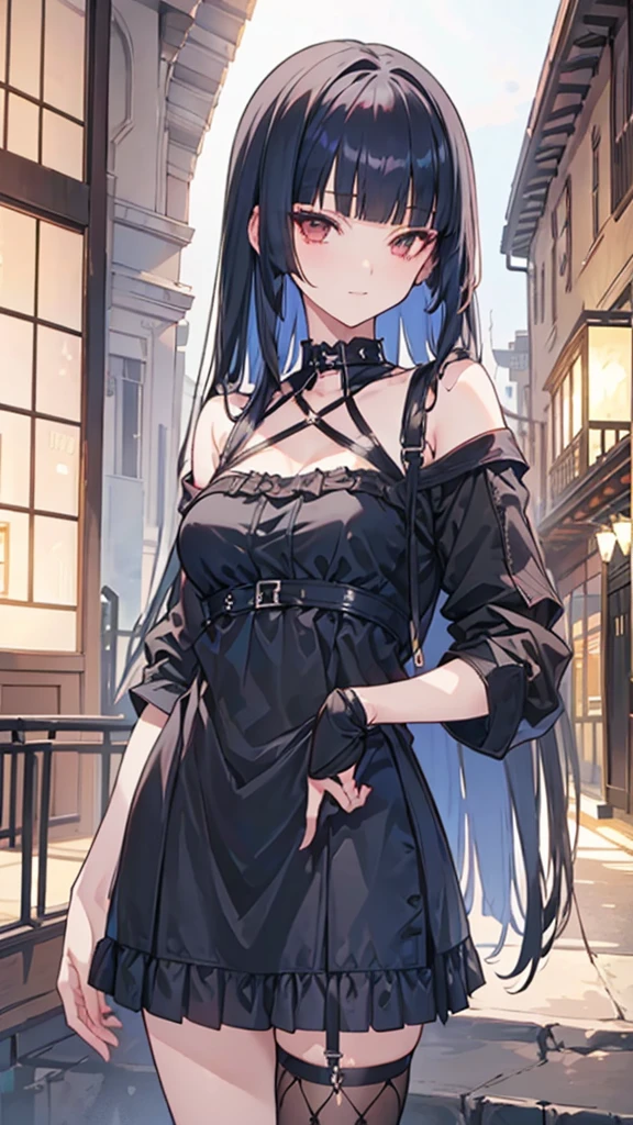 ((masterpiece、highest quality、Super detailed))、One girl、silcer deep gray Hair、long straight hair、straight haurcut、straight bangs、dusty red eyes、smug smile、((Grin))、medium breasts、((Black ruffled clothes))、Off the shoulder、Strapless、((Black Leather Jacket))、((Checkered Skirt))、edgpskirt、multiple chains、Fishnet tights、Cowboy Shot、balcony and night beautiful cozy street full of cafeterias