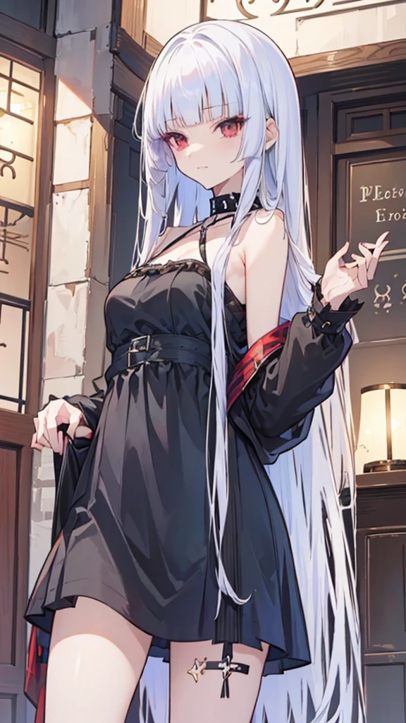 ((masterpiece、highest quality、Super detailed))、One girl、silcer deep gray Hair、long straight hair、straight haurcut、straight bangs、dusty red eyes、smug smile、((Grin))、medium breasts、((Black ruffled clothes))、Off the shoulder、Strapless、((Black Leather Jacket))、((Checkered Skirt))、edgpskirt、multiple chains、Fishnet tights、Cowboy Shot、balcony and night beautiful cozy street full of cafeterias