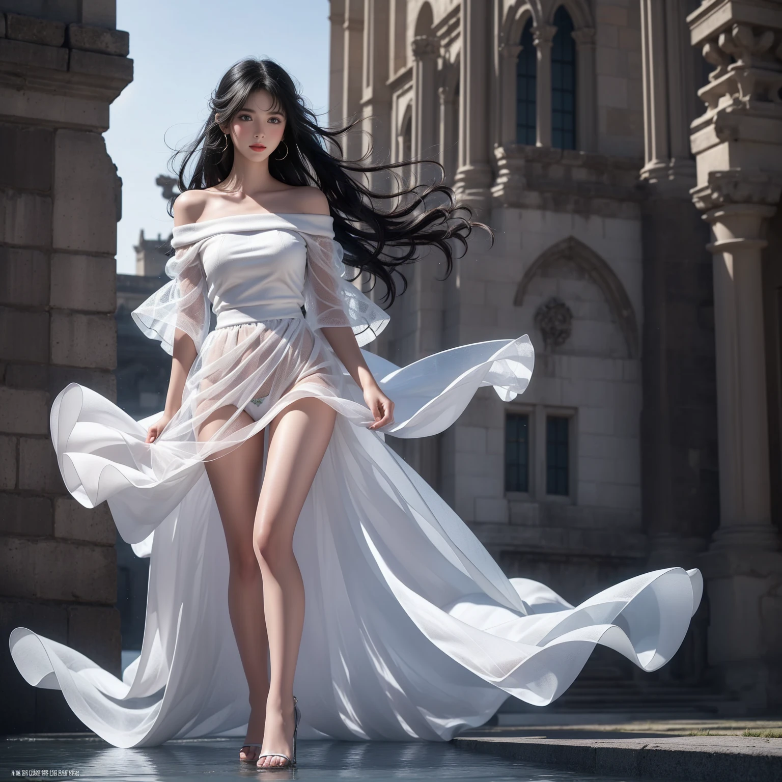 ((Girl standing in front of the wall of an old castle))、Fluorescent color、1 girl、Looking to the side、Beautiful face、Beautiful eyes、(Off the shoulder:1.2)、Upper Body、Shiny Hair、Glowing Skin、 Reduce glare、The proportions of the fingers have been adjusted、Escrow、ass pov、Dynamic Angle、(((Master part)))、(((highest quality)))、(((Super-detailed))) detailed)、(An illustration)、(Detailed light)、(Very delicate and beautiful)、Dramatic_Shadow、Ray_Tracking、reflection、 Ultra-high resolution、((A girl with colorful hair and mesh in her black hair))、 Her hair flutters in the wind、(Large deep blue eyes)、Black Haired Woman、 Sparkling Butterfly、Black-haired woman、Points of light around the woman、Magical Aura、Green dot、Aura About Natural、超Magical AuraBlack-haired woman,((White off-the-shoulder semi-transparent white dress:1.3))、(No sleeve)、((My skirt is flying up in the wind)),((An old European castle is hazy in the distance)),((White panties are visible)),