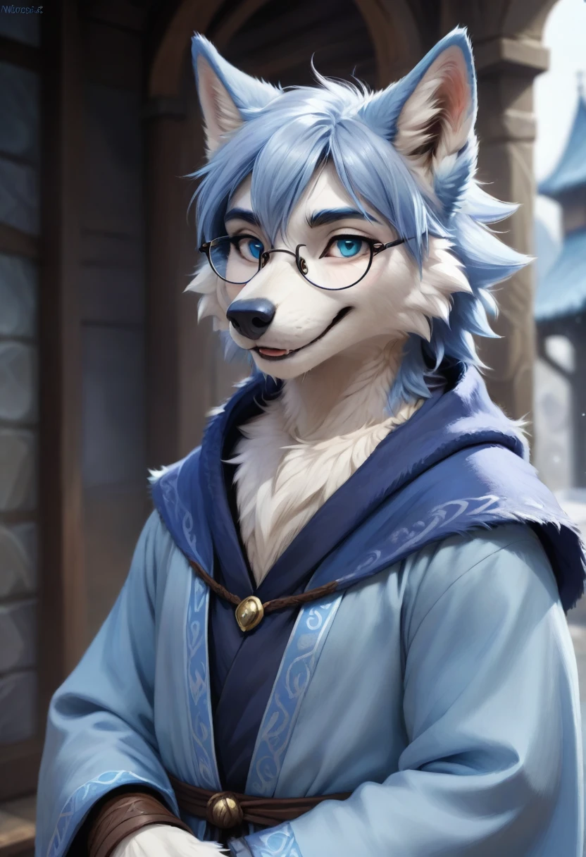 Wolf，male，Mage Clothing，robe，Light blue fur，Glasses，Orcs，Orcs脸，delicate and pretty，Wolf脸，cute，Young，Introvert，精灵Wolf，Facial details，happy，Smile，Light blue ears，Dark blue bangs，light blue eyebrows