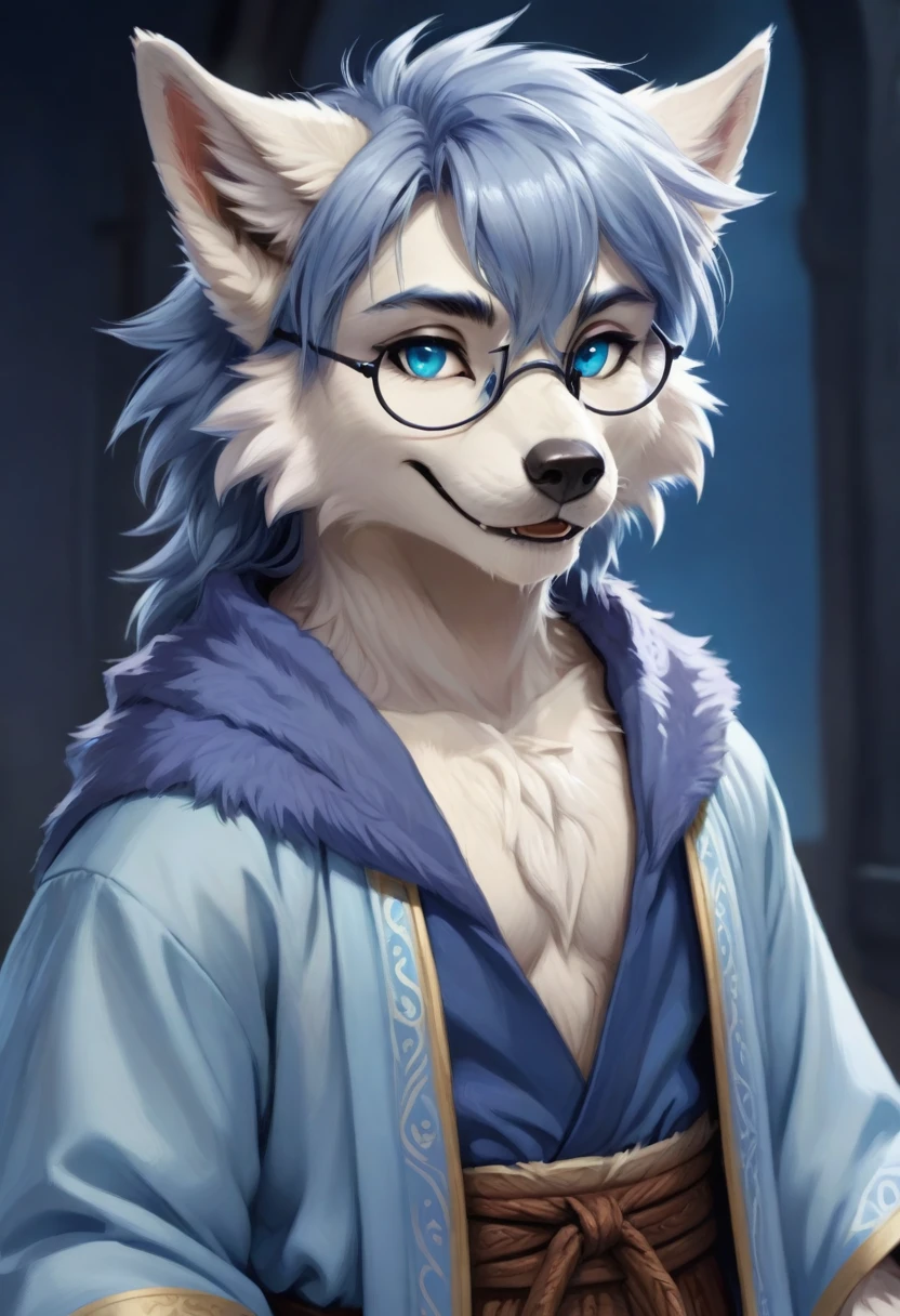 Wolf,male,Mage Clothing,robe,Light blue fur,Glasses,Orcs,Orcs脸,delicate and pretty,Wolf脸,cute,Young,Introvert,精灵Wolf,Facial details,happy,Smile,Light blue ears,Dark blue bangs,light blue eyebrows