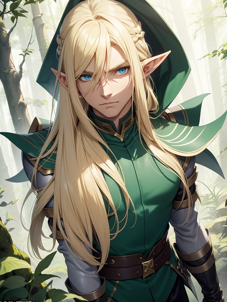 A male elf that possesses flowing blonde hair and striking blue eyes, typical of his elven heritage. He dresses in supple, forest-green leather armor crafted for agility and stealth, complemented by dark trousers and sturdy boots that allow him to move swiftly through the dense underbrush of Evershade Forest.
