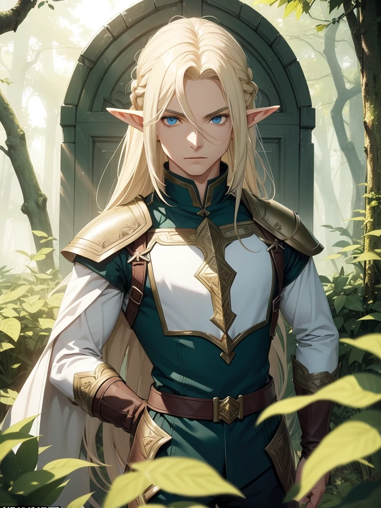 A male elf that possesses flowing blonde hair and striking blue eyes, typical of his elven heritage. He dresses in supple, forest-green leather armor crafted for agility and stealth, complemented by dark trousers and sturdy boots that allow him to move swiftly through the dense underbrush of Evershade Forest.
