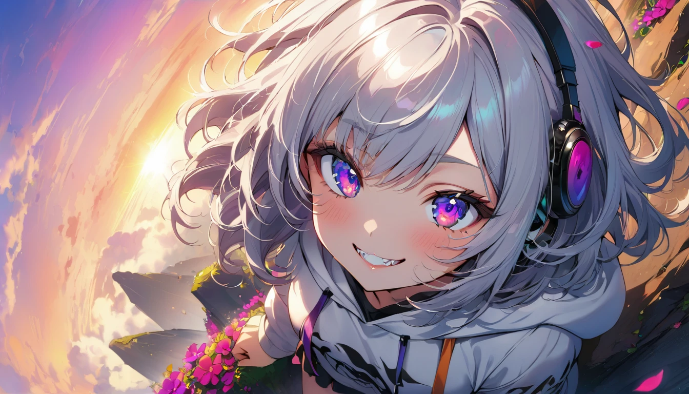 ((Masterpiece)), ((best quality)), (Anime:1.3), (super detail:1.2), (High Definition:1.3), (Professional Photography:1.3),cute young Girl, Glossy unruly hair, (loose swept bangs), (silver ash hair), medium hair, big eyes, (Eye bags:1.3), (Long eyelashes), colorful eyes, (evil smile and blush), Glossy lips, (jagged teeth), ((white hoodie with oversized)), barearms, cute, (Hold the spray can in hand), (colorful:1.3), gothic makeup, (sitting on the edge), colorful petals dance around her, beautiful sunset, Peter Benjamin Graham, a wanderer on a mountain, wearing headphones, full body, (gazing skyward:1.3),(shoot from above1.3),