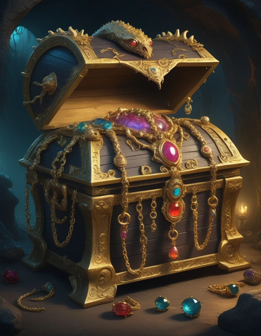 Monster disguised as a treasure chest, Filled with jewels，1 eyes，One-Eye，Tongue，Tentacles， sharp claws and teeth, Very detailed, Complex design, Gorgeous gold embellishment, ,Ominous Presence, fantasy, Dark gloomy lights, Composition, Dramatic shadows, Rich colors, number, Concept Art, The award-winning