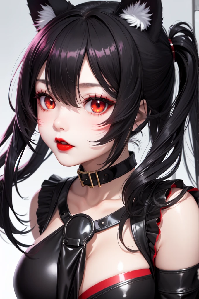 1 girl、Detailed facial details，Cat ear，Black long hair,red lips，Slim，Latex school uniform，Student Clothing，Large Breasts，Charming red eyes,，handcuffs，collar，Radiant Skin，campus，forest