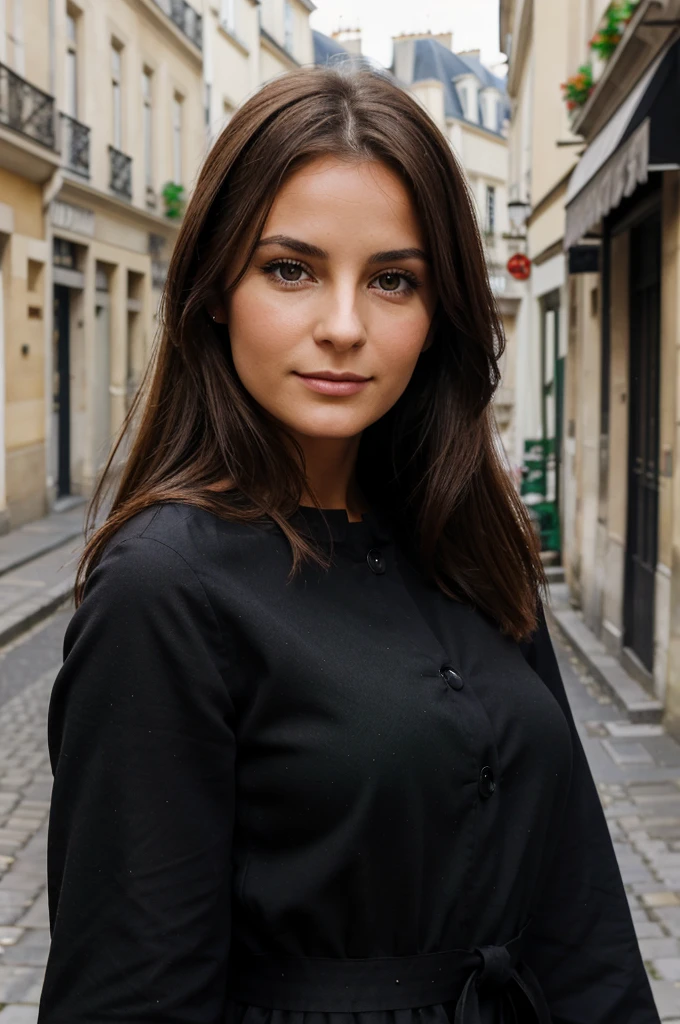 Jeune femme brune de 31 ans, yeux verts, cheveux bruns ondulés, regard coquin et séduisant, charme, visage parfait, harmonieux et attrayant, robe légère noire courte dans les rues de Paris
