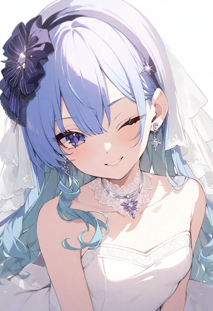 (masterpiece), (best quality), perfect face, beautiful girl, white background background, delicate and beautiful face and eyes, dark intense shadow, 
1 girl, vtuber style, cool girl, hololive, Hoshimachi Suisei, Wedding dress, small chest, cropped shoulders, clavicle, one eye close winking, smile, body visible through clothes, chest visible through clothes, (full body), looking at viewer, standing,