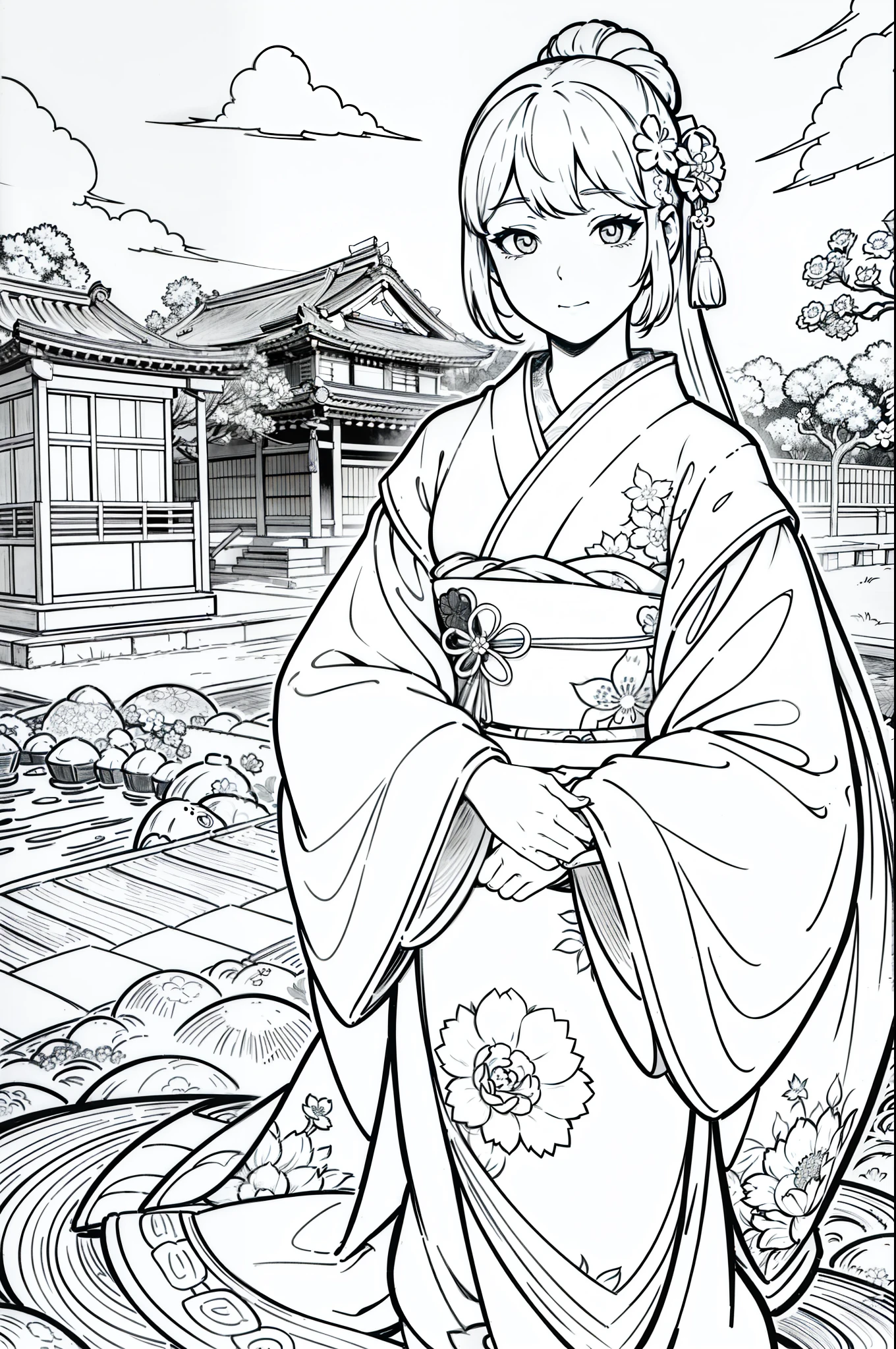 Obra maestra, superlativo, solamente, flower line drawing background, fondo blanco, monocromo, line drawing, ((bosquejo)), spooky, white eyes, please create a simple monochrome coloring book that even a can do, depicting a realistic and cute ukiyo-e illustration of a girl in a kimono, in various poses, with a Japanese garden in the background, that conveys Japanese culture, with a cunning and malevolent smirk.