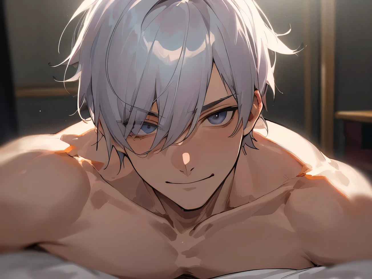 masterpiece,naked,aldult.,male,Handsome,Cool vibe,I,Silver-haired,mash,Gloomy mood(Masseter muscle area,Viewer Perspective,Upper Body,Face close-up,Horny,Wicked Smile,Yandere atmosphere,,Night Atmosphere,Hotel room bed
