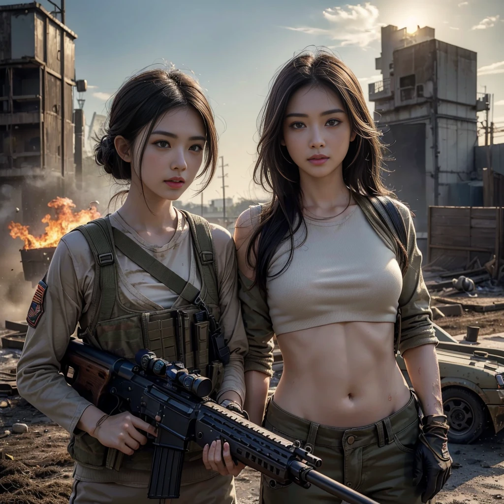 (8K, RAW Photos, Highest quality, masterpiece:1.2),(Realistic, Realisticな写真:1.4),(非常に詳細な CG Unity 8K 壁紙),(Round face: 1.5), (Detailed pupil:1.3),(Cool eyes:1.1),(A small smile:1.1),(Unforgettable Eyes:1.1),(Your eyes are so beautiful:1.1),
24-years-old, Japanese women, Dirty Face, Covered in scars、Bronze Skin, U in clothes.s. Marine Corps Uniform,Bulletproof vest、Backpack、Heavy machinery、 Fighting on the battlefield, Strong muscles, World war, Modern warfare theme,armyの少女, Assault rifle with accurate details, (Gripping the rifle: 1.3), (Aim そして hold the rifle.: 1.3), Gunfight, army, Baseball cap, car on fire, war zone,, explosion, Burning City, cigarette, Torn Tank Tower, belly button, Gloves, 破れたarmy用パンツ, Faces stained with mud and blood, Sweaty skin, bloody skin, Muddy skin, declaration of determination, Precise Representation, Highest quality, Ultra-high resolution, Realisticな, Spirit、Physically Based Rendering(Physically Based Rendering(Physically Based Rendering)), Cinema Lighting, Complex, Cinematic look,Cinematic soft light, Pleasant tone of voice, Battlefield Background, Background of urban warfare, Realistic, Cowboy Shot, Dynamic Angle,, Mahindrathar, electric wire, 8K!!, 偉大なmasterpiece,, make: Tom Karafik, (((Half naked with breasts visible)))
