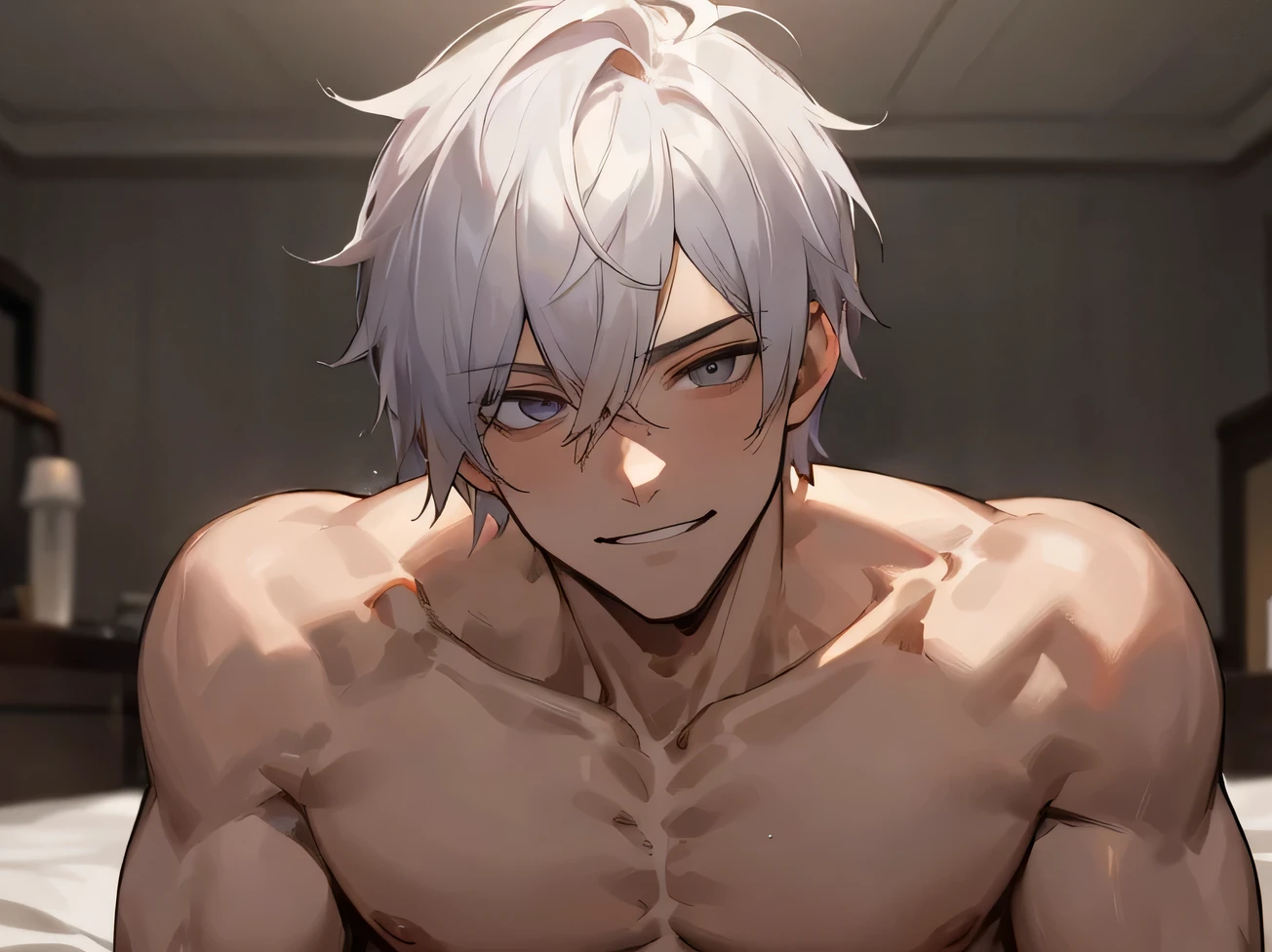 masterpiece,naked,aldult.,male,Handsome,Cool vibe,I,Silver-haired,mash,Gloomy mood(Masseter muscle area,Viewer Perspective,Upper Body,Face close-up,Horny,Wicked Smile,Yandere atmosphere,,Night Atmosphere,Hotel room bed
