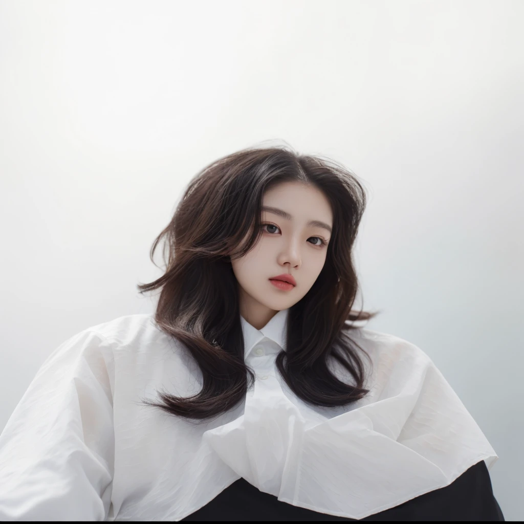 Best Quality, 8k, Masterpiece, (Portrait: 1.3), (photo realistic:1.4), (hyper realistic:1.4), Sharp Focus, looking at viewer, (smoother lighting:1.1), (increase cinematic lighting quality:0.9), realistic lighting, backlighting, light on face, ray trace, (brightening light:1.2), (Increase quality:1.4), sharp detail, (best quality real texture skin:1.4), finely detailed eyes, black_eyes, finely detailed face, 25 year old Korean woman, (white formal_shirt:1.4), (Create an image maintaining the orig