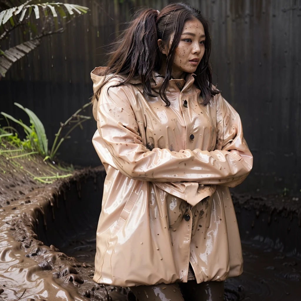 Light pink buttoned raincoat, wearing hood, muddy clothes, muddy raincoat, covered in mud, wet mud dripping, dirty raincoat, mud splatters, mud running down raincoat, very dirty clothes, asian woman